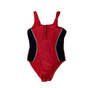 Vintage 90's Beach Cabana Red & Black Zipper Front One Piece Swimsuit Women's M